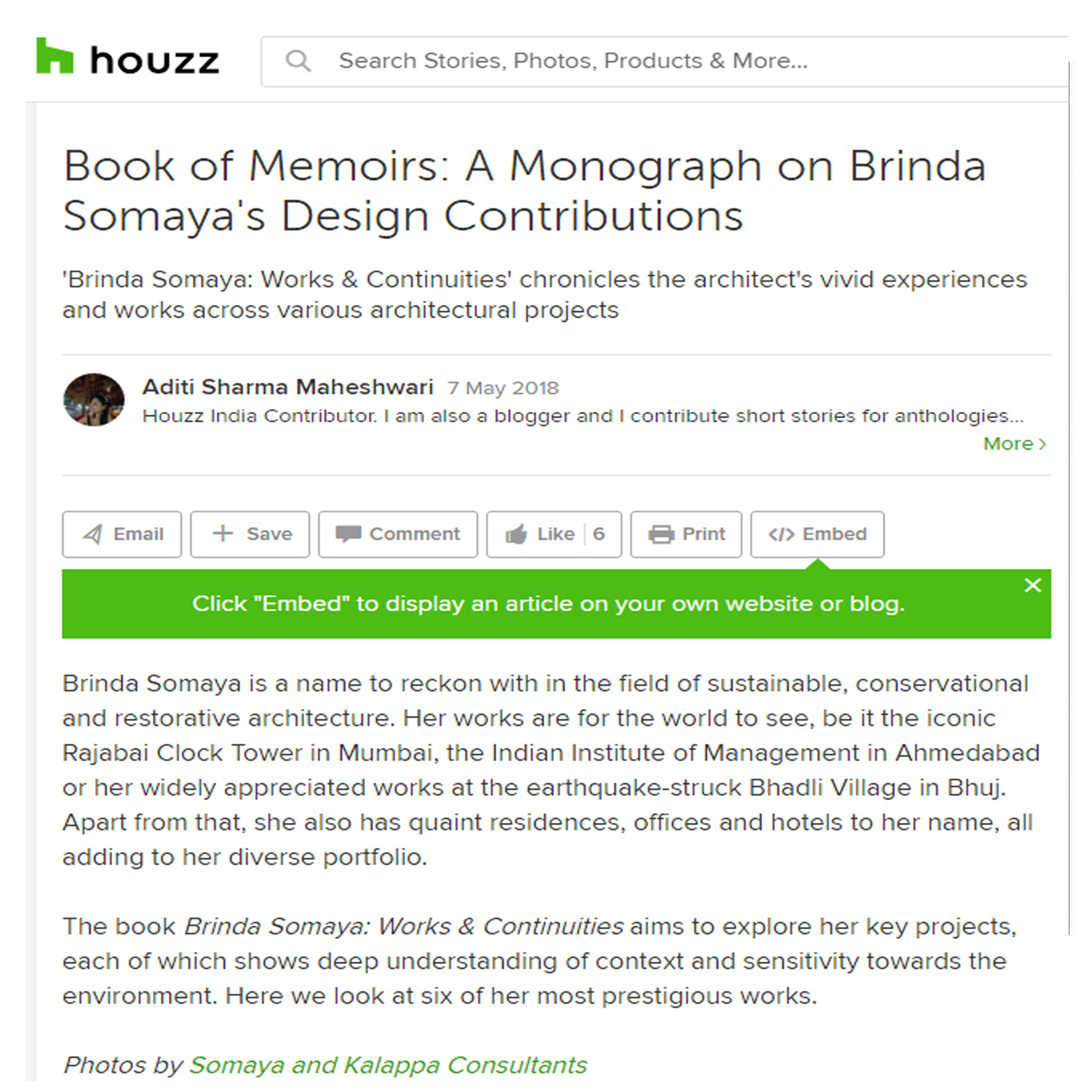 Book of Memoirs: A Monograph on Brinda Somaya's Design Contributions